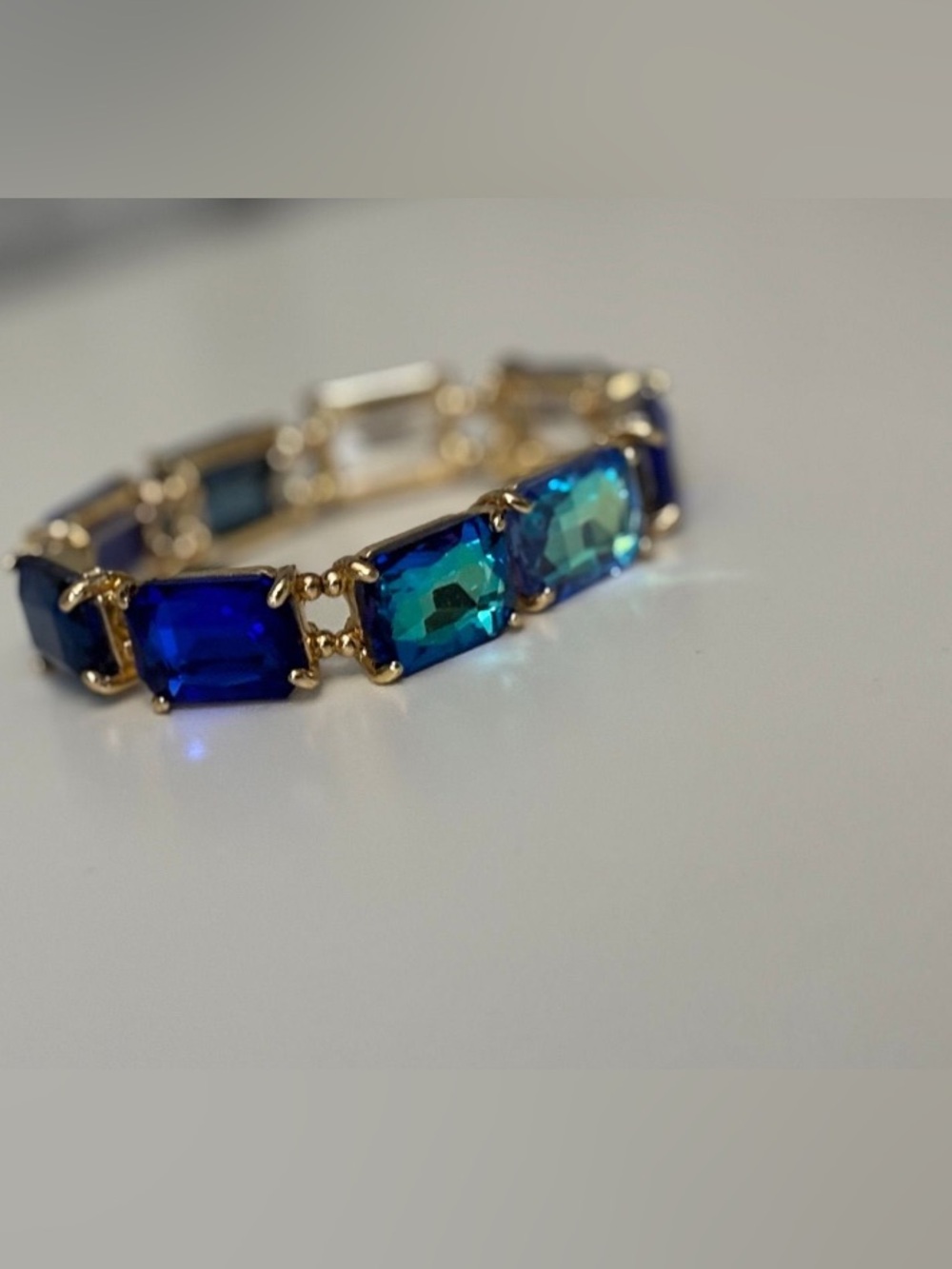 Blue Multi Color Rectangular Stretch Glass Cut Bracelet - Picture 2 of 4